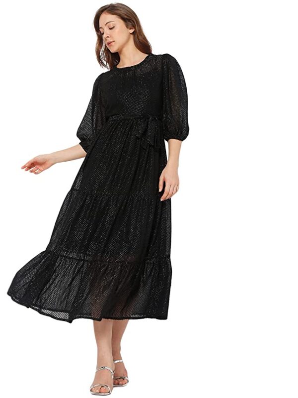 VERO MODA Women's Polyester A-Line Midi Dress (10287073- Black_XS)
